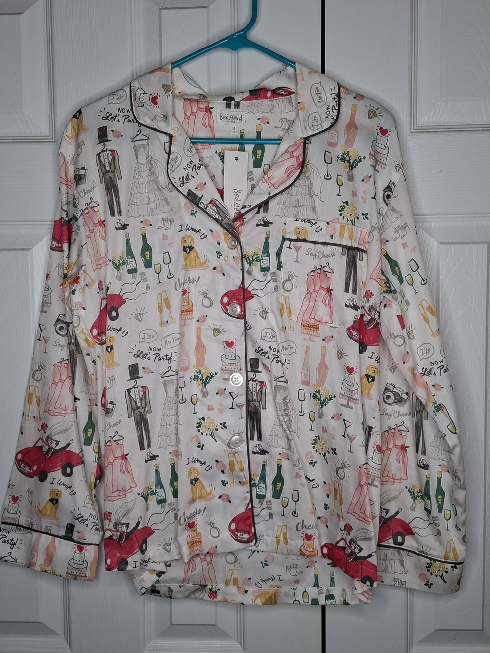BedHead Women's White Party Print Pajama Top with Pink & Green Accents